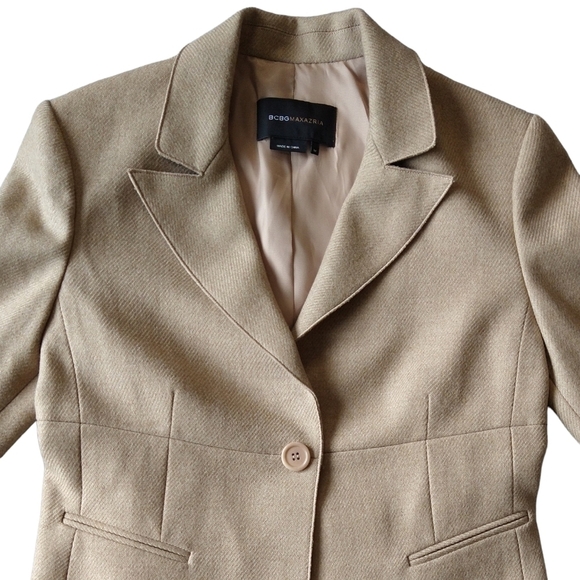 BCBGMaxAzria Wool Tan One Button Blazer Pockets Pleated Back Career Preppy - Picture 5 of 11